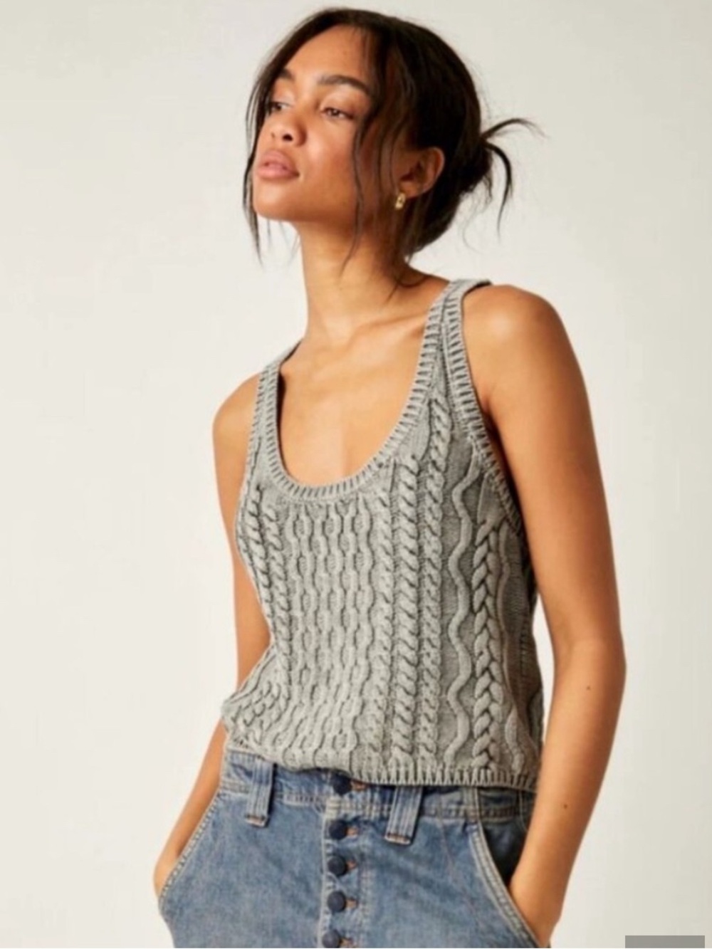 Free People High Tide Cable Knit Cotton Sweater Tank - Gray